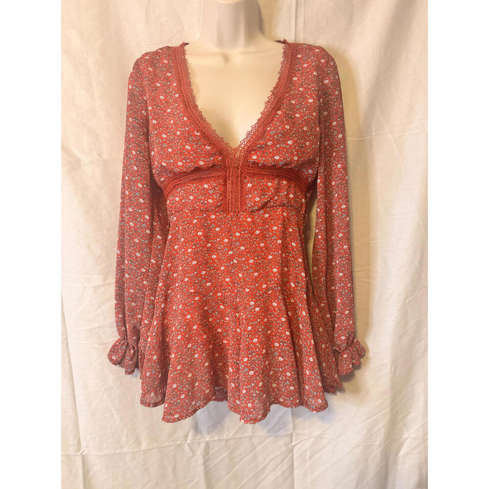 Morning Mist Women's Floral Print Long Sleeve‎ Dress Red Size 8